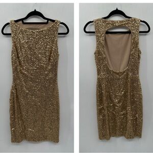 LAUREN RALPH LAUREN Gold sequin open back elegant midi length evening dress 6